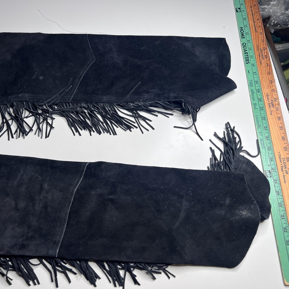 90s Suede Chaps Pants Mens 35x35 Black Fringe Western Belted Cowboy Riding - Picture 8 of 10